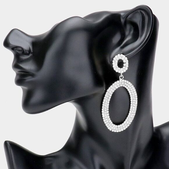 Clear Rhinestone Silver Double Open Oval Earrings - Picture 1 of 5